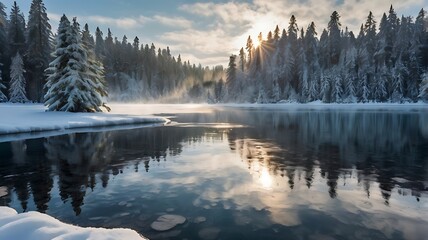 Frozen Lake Surrounded by Snowy Forest: Winter Wonderland Scene