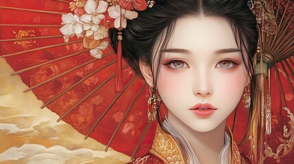 Close-up portrait of a young woman with dark hair and subtle makeup, wearing traditional Asian attire and a red parasol.