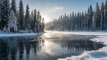 Frozen Lake Surrounded by Snowy Forest: Winter Wonderland Scene