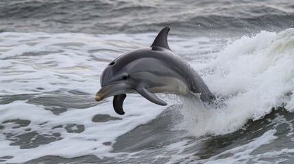 Fototapeta premium Striped dolphin leaping from ocean wave, splashing water. Perfect for marine life, wildlife, or nature documentaries.
