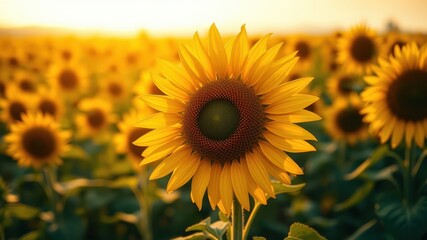 A single sunflower blooms brightly in the center of a field of sunflowers, bathed in the golden light of a setting sun.