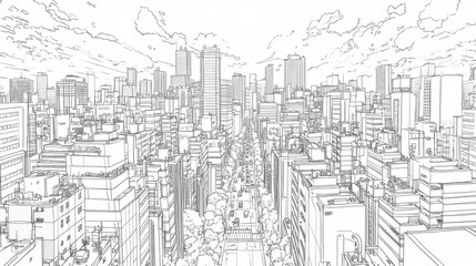 Fototapeta premium Bustling Cityscape Coloring Book, Bustling Cityscape with Skyscrapers and Tiny Cars