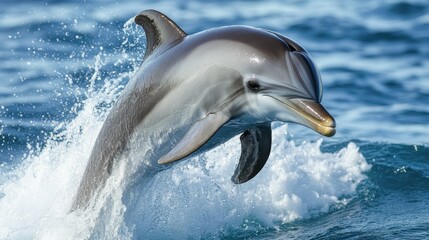 Fototapeta premium Striped dolphin leaping from ocean waves, splashing water. Perfect for marine life, wildlife, ocean, and nature documentaries or websites.