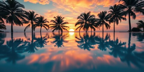 Obraz premium Silhouettes of Palm Trees Reflecting in a Calm Pool During a Sunset with Vivid Orange and Pink Hues in the Sky