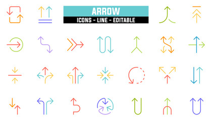 Set of 25 line icons arrow. Editable stroke. Vector illustration