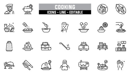 Set of 25 line icons cooking. Editable stroke. Vector illustration