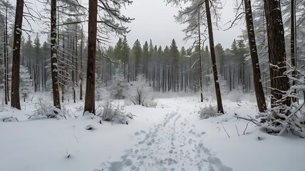 Fototapeta premium Winter Forest with Animal Tracks: Tranquil Snowy Wilderness