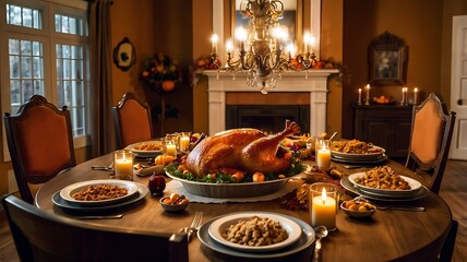 Family Thanksgiving Dinner Table with Festive Autumn Decor