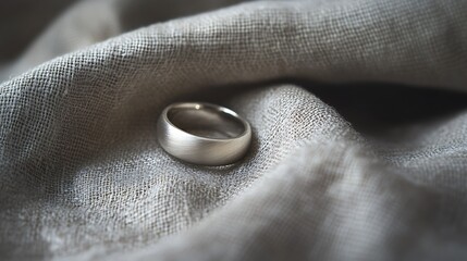 Brushed Silver Ring Rests on Linen Fabric