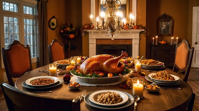 Family Thanksgiving Dinner Table with Festive Autumn Decor