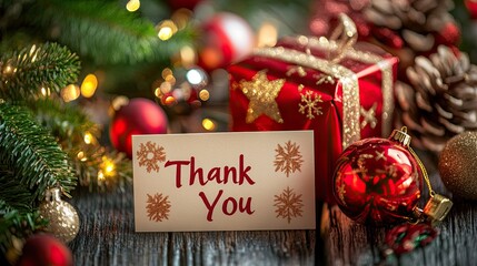 Festive Christmas thank you card with gift and ornaments.