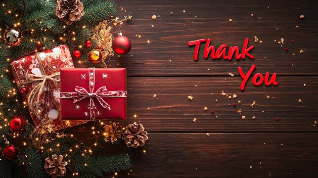Festive Christmas gifts, ornaments, and "Thank You" message on wood background.