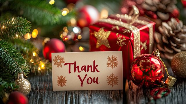 Festive Christmas thank you card with gift and ornaments.