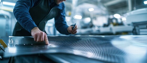 A close-up of a materials engineer inspecting composite materials in an aerospace manufacturing facility, with carbon fiber components and aerospace prototypes visible