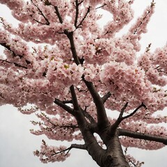 A cherry blossom tree in full bloom, with pink flowers cascading gracefully, on a white background.