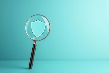 Magnifying glass highlighting a shield icon, held over digital interface, data protection