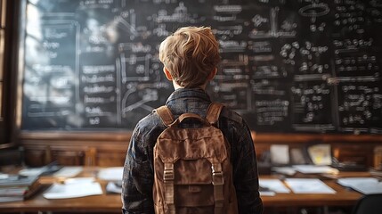 Student Surrounded by Diverse Academic Skills and Knowledge on Chalkboard