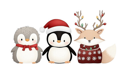 a baby penguin, a reindeer, and a tiny fox, all dressed in Christmas-themed costumes, isolated on transparent background.