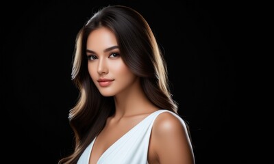 Fototapeta premium Elegant portrait of a woman in white dress on black background
