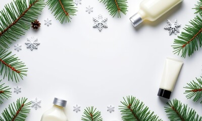 Festive skincare flat lay with pine branches and snowflakes on white background