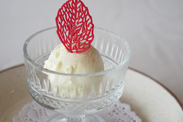 An Elegant Ice Cream Dessert that Features an Artistic and Beautiful Garnish