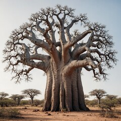 A baobab tree with a thick trunk and sparse leaves, drawn with intricate detail, on a white background.