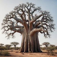 Fotobehang A baobab tree with a thick trunk and sparse leaves, drawn with intricate detail, on a white background. © Saifullah