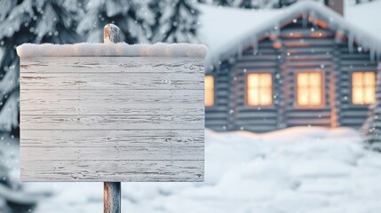 Naklejka premium Cozy Christmas Retreat: Snow-Covered Cabin with Wooden Sign and Warm Glowing Windows