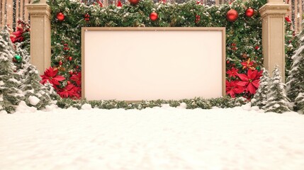 Winter Wonderland - Festive Blank Sign on Snow with Red and Green Decorations | Ultra-Detailed Seasonal Scene Photography