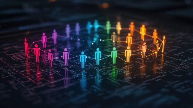 Interconnected Circle of Colorful Stick Figures Representing Social Media and Networking