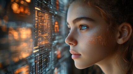 Student Surrounded by Floating Digital Screens Symbolizing Distance Learning Curriculum