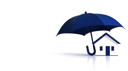 Blue Umbrella: Minimalist Home Insurance Concept for Protection and Security on White Background in Clean Abstract Style