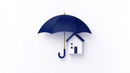 Blue Umbrella: Minimalist Home Insurance Concept for Protection and Security on White Background in Clean Abstract Style