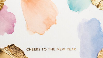 Fototapeta premium A white New Year card with a soft pastel watercolor wash in shades of peach, lilac, sky blue, gold with words Cheers to the New Year