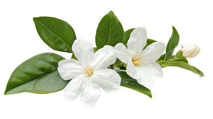Obraz premium A delicate arrangement of white flowers with green leaves, symbolizing beauty and tranquility.