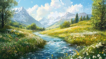Serene River Flowing Through Spring Meadow