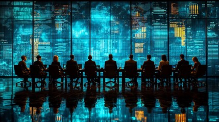 Obraz premium Business Team Collaborating in Futuristic Conference Room with Holographic Data Visualizations