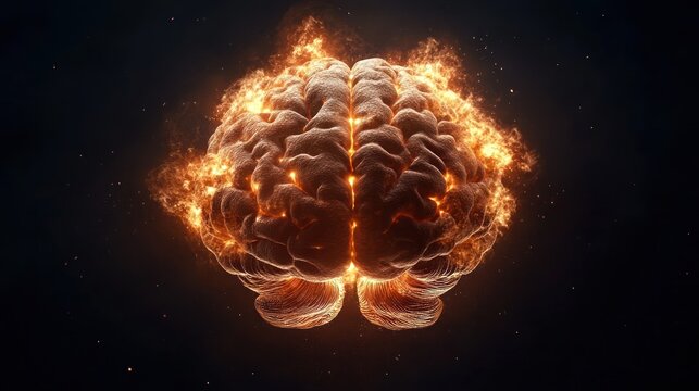 Exploding Brain Disease Concept: Front View of Brain on Fire, resembling Parkinson's, Alzheimer's, Dementia or Multiple Sclerosis