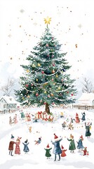 christmas tree in a little village at christmas eve surrounded by happy families, white background, childish illustrated watercolor art