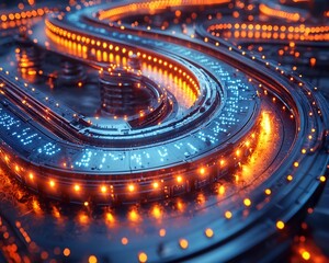 Glowing Digital and Physical Production Assembly Line Converging Tech and Industry