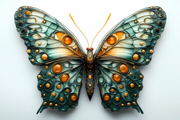 a butterfly ,The image shows a symmetrical mandala pattern intricately carved into the butterfly's wings. 