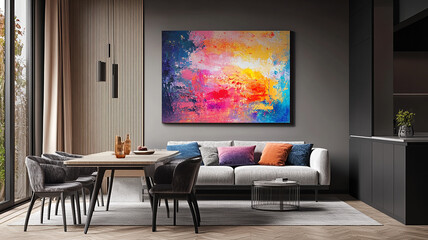 The modern dining room with various furniture, office space with frame and colorful furniture, vintage interior design living room with an empty mockup with a colorful painted frame on the wall.