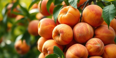 A Bountiful Harvest of Ripe Peaches Hanging From Their Branch, Glowing in the Warm Sunlight