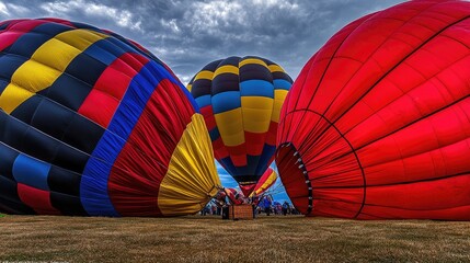 Obraz premium Colorful Hot Air Balloons Preparing for Takeoff at a Festival Under Dramatic Skies