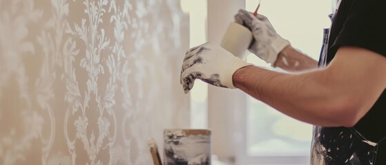 A close-up of a painter and decorator applying wallpaper to a wall, with paste and tools nearby, Interior decoration scene