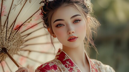 Young woman in traditional Asian kimono and parasol.