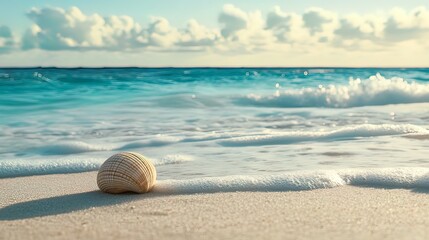 Obraz premium Seashell on sandy beach with ocean waves.