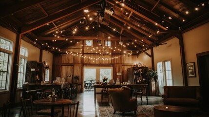 A contemporary rustic reception space with exposed wooden beams, vintage furniture, warm lighting, and earthy tones adding character and charm