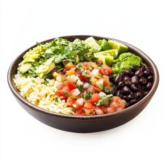 A Tex-Mex burrito bowl with cilantro lime rice, black beans, and salsa