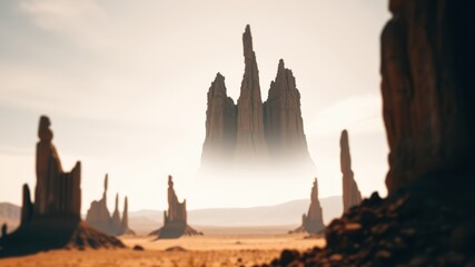 A desert landscape featuring towering rock formations with one particularly large formation appearing to float above the others, showcasing the surreal and striking beauty of nature's artistry.